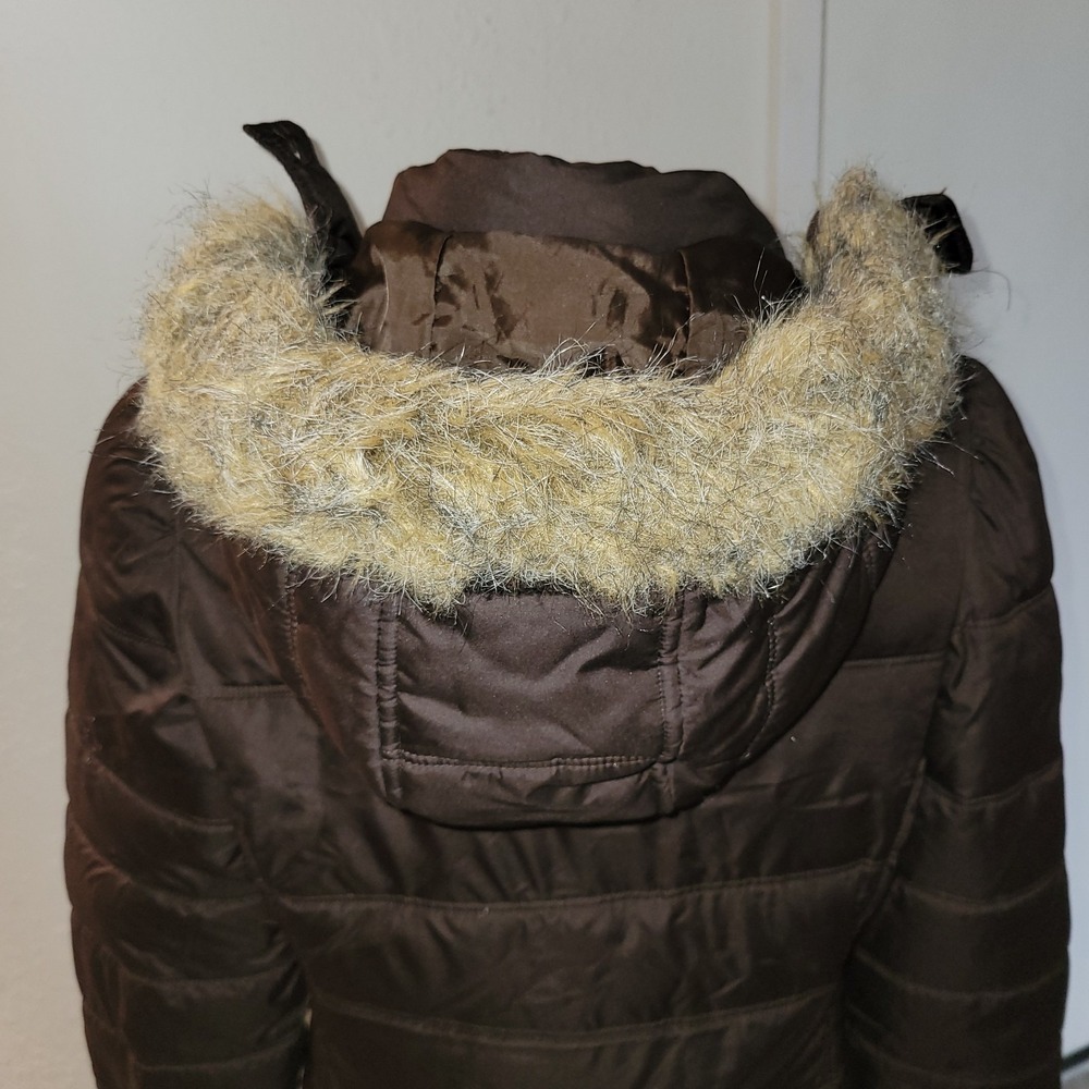 MOSSIMO Puffer Coat Brown Quilted Longline Padded Winter Jacket Warm Fur hood S - Picture 8 of 12